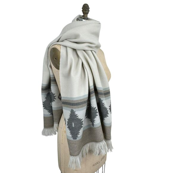 Womens Aztec Fringe Scarf Shawl Ivory Neutral Western Boho Sothwestern Cowgirl - Picture 2 of 11